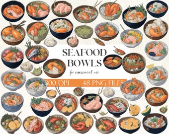 Seafood Bowls Drawings Clipart Pack | Digital Art for Food Lovers | Asian Food Illustrations Collection | Instant Download | Commercial Use