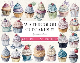 Enchanted Delights Watercolor Cupcakes Clipart Pack | Digital Art for Crafts, Invitations, and More | For Commercial Use