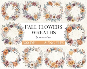 Autumn Flowers Wreaths Clipart Set | Fall Flowers Frame Illustrations | Floral Wreaths | Field Flowers | Wedding Invitation Card Set | 8 PNG