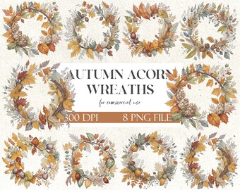 Autumn Acorn Wreaths Clipart Set | Fall Flowers Frame Illustrations | Floral Wreaths | Field Flowers | Wedding Invitation Card Set | 8 PNG