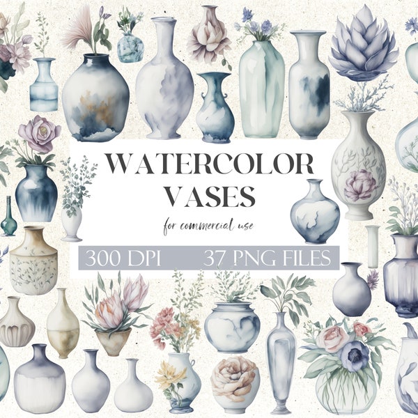 Watercolor Vases Clipart Pack | Aquamarine Vessels | Mystical Floral Decor | Digital Download | Commercial Use