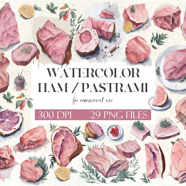 Deli Meat Clipart Pack | Ham Pastrami Watercolor Illustrations | Foodie Art | Digital Download | For Commercial Use