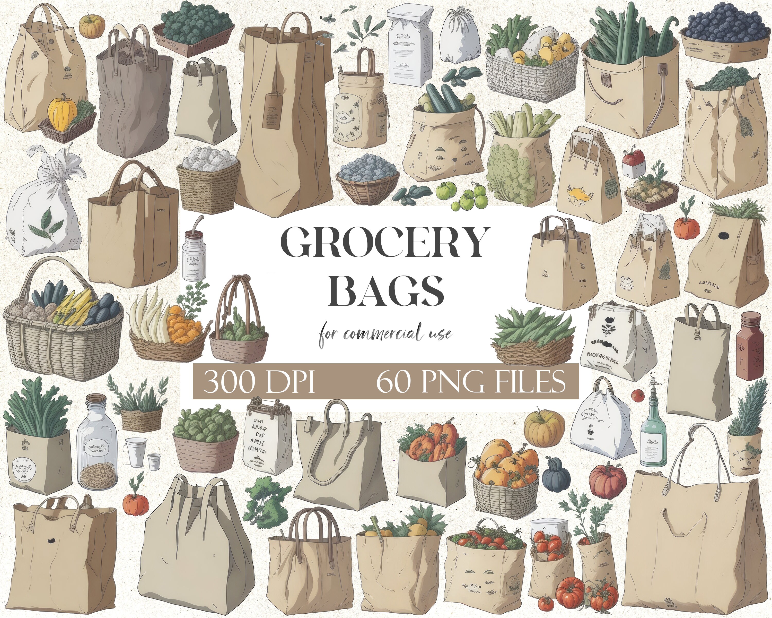 Grocery Bags Drawings Clipart Pack | Cute Illustrations for Digital ...