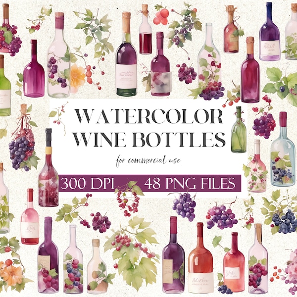 Watercolor Wine Bottles Clipart Pack | Autumn Winery Harvest | Commercial Use | Red White Wine Glassware | Vintage Wine Bottles | 48 PNG