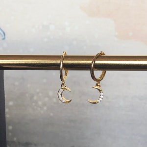 Dainty Moon Hoop Earrings - 14k Gold Plated, 8mm Diameter, Stacking Earring, 925 Sterling Silver