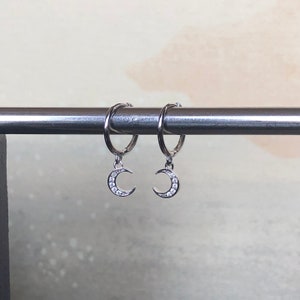 Dainty Moon Hoop Earrings - 925 Sterling Silver, 8mm Diameter, Stacking Earring,