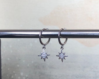 Star Silver Hoop Earrings - 925 Sterling Silver, Bridesmaid Earrings, Dainty Earrings, Statement Earrings