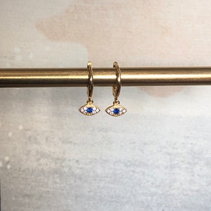 Gold Evil Eye Hoop Earrings - 14k Gold Plated, 8mm Diameter, Stacking Earring, 925 Sterling Silver