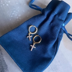 Cross Hoop Earrings -  14k Gold Plated Hoop Earrings, Gold Huggie Earrings, Cross Earrings , CZ Cross Earrings