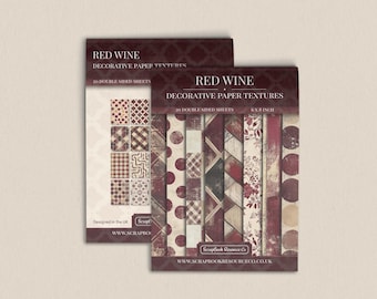 May include: Two packs of decorative paper textures titled "Red Wine." Each pack contains 20 double-sided sheets, measuring 6 x 8 inches. The paper features various patterns in burgundy, cream, and brown, including polka dots, plaid, and floral designs.