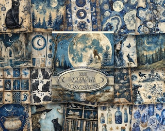 Könnte beinhalten: Eine Collage aus digitalen Papieren in Blau- und Goldtönen mit einem Mond, Sternen und einer Hexe. Der Text "The Lunar Sorceress" ist in einem goldenen Kreis dargestellt.