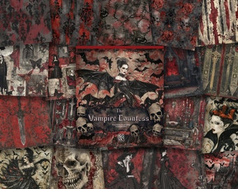 May include: A collage of images with a gothic theme. The central image features a vampire countess with bat wings and the text "The Vampire Countess". The collage includes images of skulls, bats, swords, and other gothic imagery.