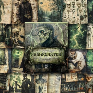 Frankenstein : Dekorpapier, Junk Journal Papier, Halloween Junk Journal, Halloween Thema dekoratives Papier, Gothic Junk Journal