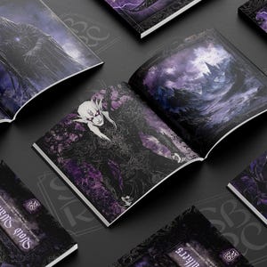May include: A collection of six purple and black illustrated books with the title "Shadow Silhouettes" on the cover. The books feature various illustrations of a hooded figure, a castle, a forest, and a creature.