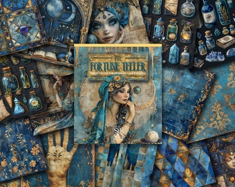 May include: A collection of digital art featuring a fortune teller theme. The artwork includes illustrations of women, potion bottles, crystals, and celestial elements in shades of blue and gold. The text "The Fortune Teller" is visible.