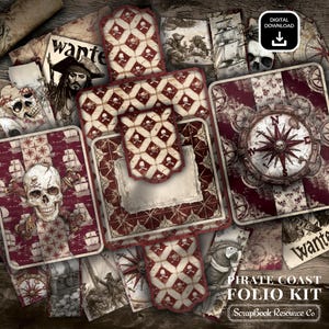 Digital Folio Kit - Pirate Coast Folio Kit Style 5, Vintage Junk Journal, DIY Printable Journal Kit, Pirate theme Junk Journal Folio Kit