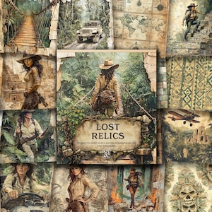Può includere: Un collage di illustrazioni in stile vintage con un tema avventuroso. L'immagine centrale presenta una donna in abiti da esploratrice, con il testo "LOST RELICS". Le immagini circostanti includono mappe, scene della giungla e una jeep.