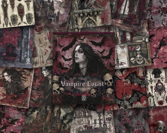 Pode incluir: Uma colagem de imagens com tema gótico. A imagem central apresenta um livro intitulado "The Vampire Count" com uma mulher de cabelo preto comprido e um vestido vermelho. O livro é rodeado por imagens de morcegos, caveiras e outras imagens góticas.