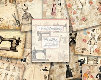 May include: Vintage Seamstress Prints Pad for scrapbooking, journaling and papercrafts. The pad features a variety of vintage-inspired designs, including sewing machines, fabric patterns, and women in vintage dresses.
