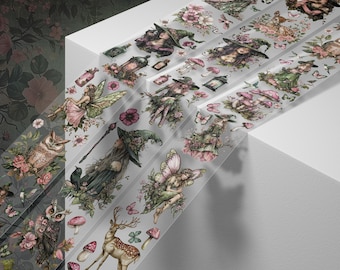 May include: A set of six decorative washi tapes featuring whimsical illustrations of fairies, owls, and other woodland creatures. The tapes are printed on a clear background with a delicate floral pattern.
