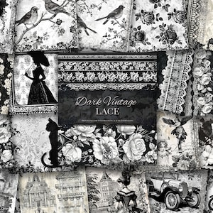 Donker vintage kant: zwart-wit vintage prints blok decoratief papier voor scrapbooking, junkjournaling, kaarten maken, knutselen