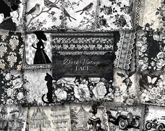 May include: A digital paper pack with a black and white color scheme featuring various patterns, including lace, flowers, birds, and architectural designs. The text "Dark Vintage Lace" is displayed on the pack.