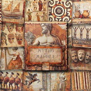 Mythes et marbre : bloc d'impression sur le thème de la Grèce antique, papier décoratif historique pour le scrapbooking, la fabrication de cartes, papier de journal indésirable de l'histoire