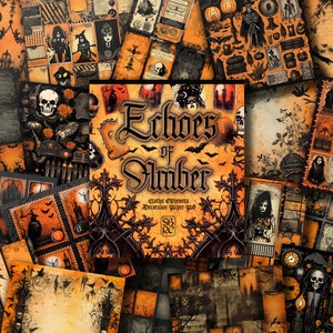 Könnte beinhalten: Eine Sammlung von 12 gemusterten Papieren mit einem gotischen Thema in den Farben Orange, Schwarz und Weiß. Die Papiere sind mit "Echoes of Amber: Gothic Ephemera Decorative Paper Pad" betitelt.