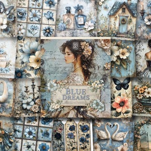 Blue Dreams: shabby chic themaprints, decoratief papier voor scrapbooking, kaarten maken, knutselen