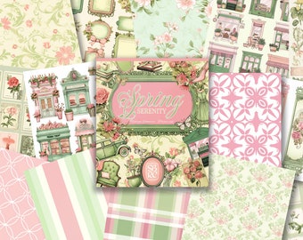 May include: A collection of 12 patterned papers featuring a spring theme with floral designs, houses, and geometric patterns in shades of pink, green, and white. The papers are titled "Spring Serenity".