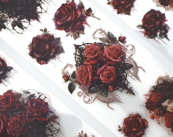 Thorns & Roses: Gothic Red Rose PET Tape, Junk Journal Stickers