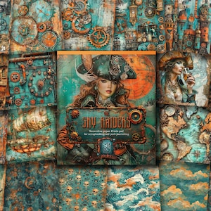 The Sky Raiders : bloc d'impression Steampunk Pirates Fantasy, papier décoratif bleu sarcelle et orange pour le scrapbooking, le journal indésirable, la fabrication de cartes
