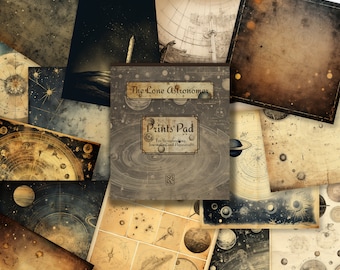 May include: A collection of vintage-style paper prints featuring celestial and astronomical designs. The prints are arranged in a collage-like fashion, with a book titled "The Lone Astronomer Prints Pad" in the center. The book is for scrapbooking, journaling, and papercrafts.
