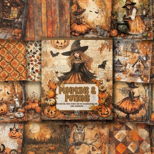 Citrouilles et potions : papier décoratif, papier pour carnet de bord, carnet de bord pour Halloween, papier décoratif sur le thème d'Halloween, carnet de bord automne