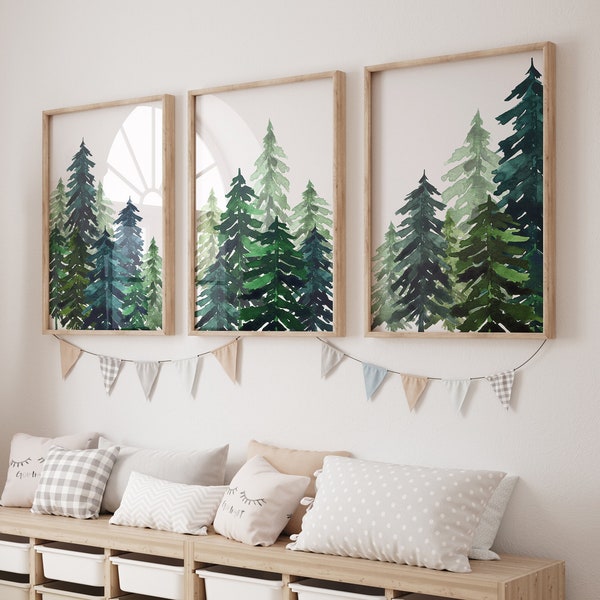 3 stuk Pine Tree Art, bosrijke kwekerij decor, 3 stuk kunst aan de muur, bosrijke kwekerij, jongen kwekerij decor, bosrijke kwekerij kunst, winter PT07