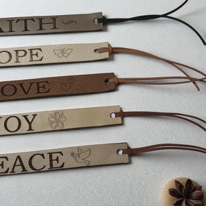 Inspirational Leather Bookmarks: Faith, Love, Joy, Peace, Hope