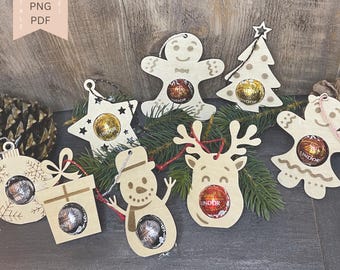 Archivo colgante de bolas de chocolate • 8 diseños SVG PDF PNG Xcs • Archivo láser para bolas Lindt • Plantilla de manualidades para decoración navideña