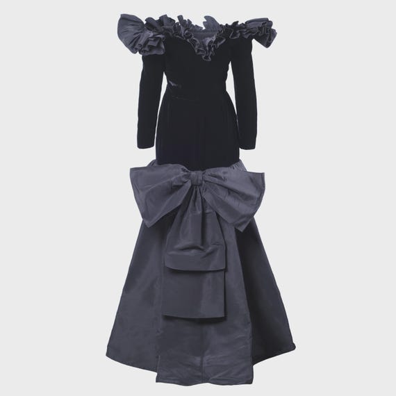 Saint Laurent, Vintage Yves Saint Laurent Black Velvet Dress – 1980s YSL Ruffle Shoulder Dress with High Low Skirt – Rare Designer Evening Dress