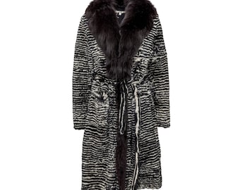 Vintage Gianfranco Ferré Rabbit & Fox Fur Coat 90s, Striped Real Fur Belted Coat, Italian Designer Winter Jacket