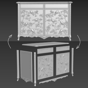 May include: A white, ornate, wooden cabinet with two doors and a carved bird and floral design. The cabinet is disassembled into its individual parts, showing the construction details.