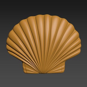 Puede incluir: Una gran concha dorada con una superficie lisa y texturizada y una abertura redondeada en forma de abanico.
