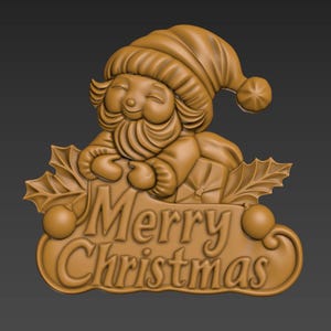 Pode incluir: Um enfeite de Natal impresso em 3D de plástico marrom que representa um Papai Noel sorridente segurando um presente e uma placa que diz "Feliz Natal". O enfeite é feito de plástico marrom e tem um design detalhado.