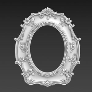 May include: A white, oval-shaped picture frame with ornate floral and scroll detailing. The frame features a rope-like inner border and is adorned with sculpted flowers and leaves. The overall design is symmetrical and elegant, suitable for displaying a portrait.
