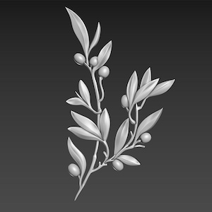 Könnte beinhalten: Ein 3D-Modell eines stilisierten Olivenzweigs mit Blättern und Oliven. Der Zweig ist in einem Graustufen-Farbschema gerendert.