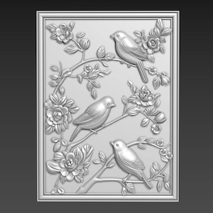 May include: A white 3D relief carving of three birds perched on a flowering branch. The birds are stylised and have a simple design. The flowers are detailed and have a realistic appearance.