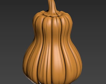 May include: A brown, gourd-shaped pumpkin with a smooth, rounded surface and a slightly pointed top. The pumpkin has a series of vertical ridges that create a textured appearance.