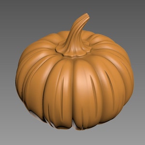 May include: A smooth, orange pumpkin with a rounded shape and a short stem. The pumpkin has a slightly textured surface.