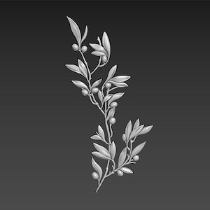 May include: A silver 3D printed design of an olive branch with leaves and berries.