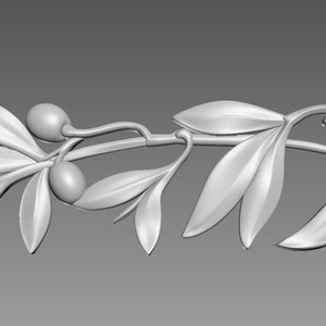 May include: A 3D model of an olive branch with leaves and olives. The branch is rendered in a light gray color.