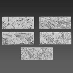 May include: Five rectangular stone tiles with a light gray color and a rough, textured surface. The tiles have a natural stone look with subtle variations in color and texture.